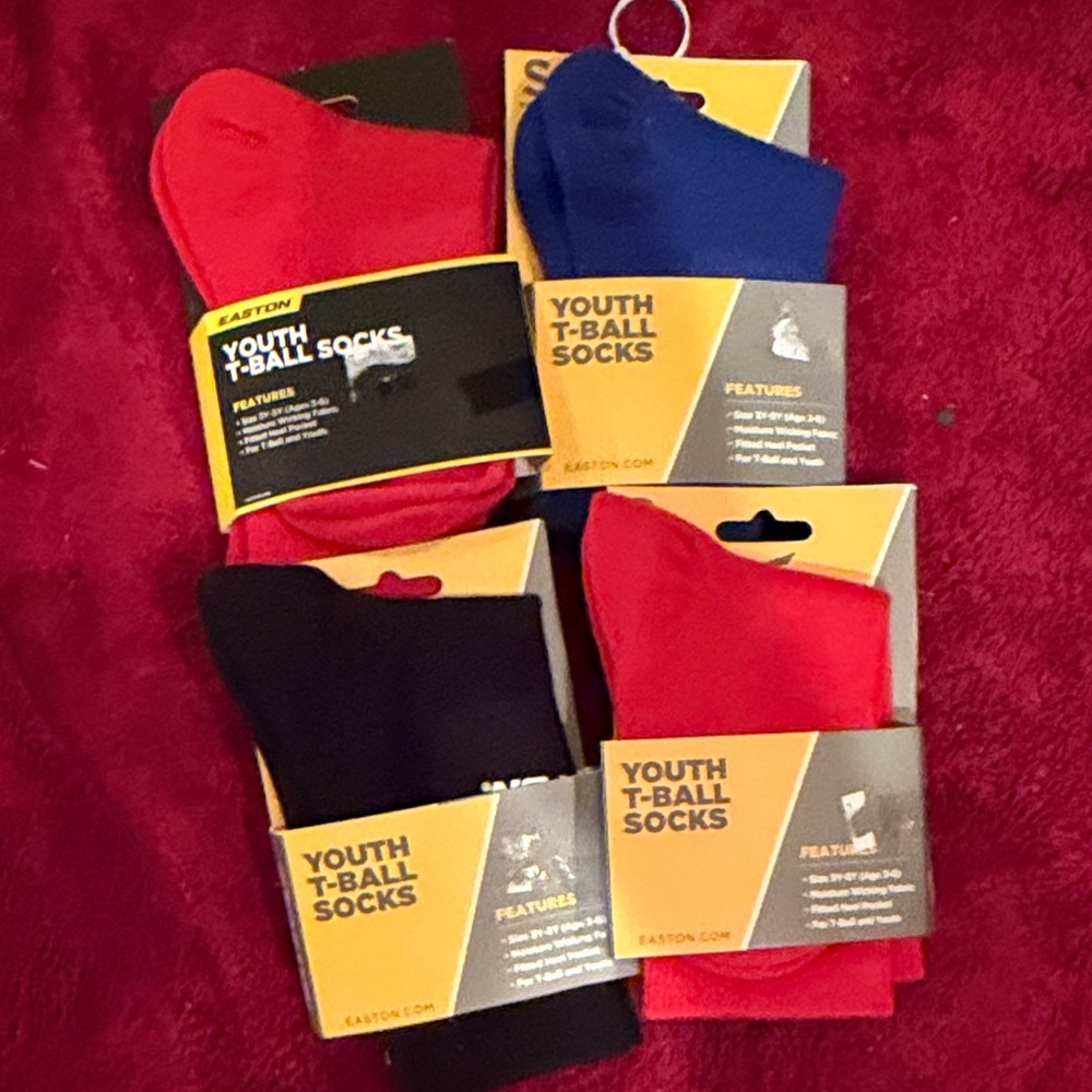 4 Pairs Easton Youth T-Ball Socks - Red, Blue, Black